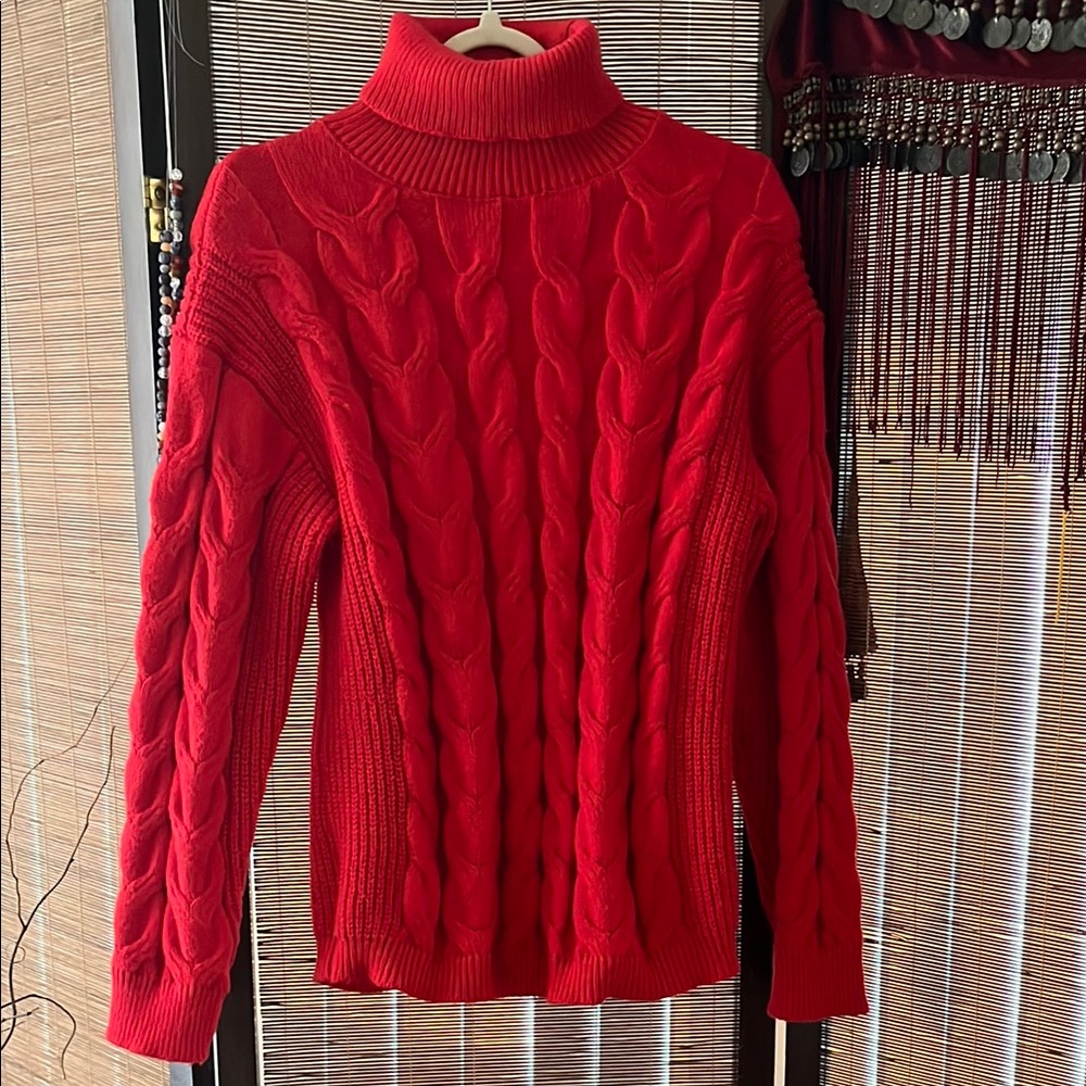 Red Cable Knit Turtleneck Sweater
